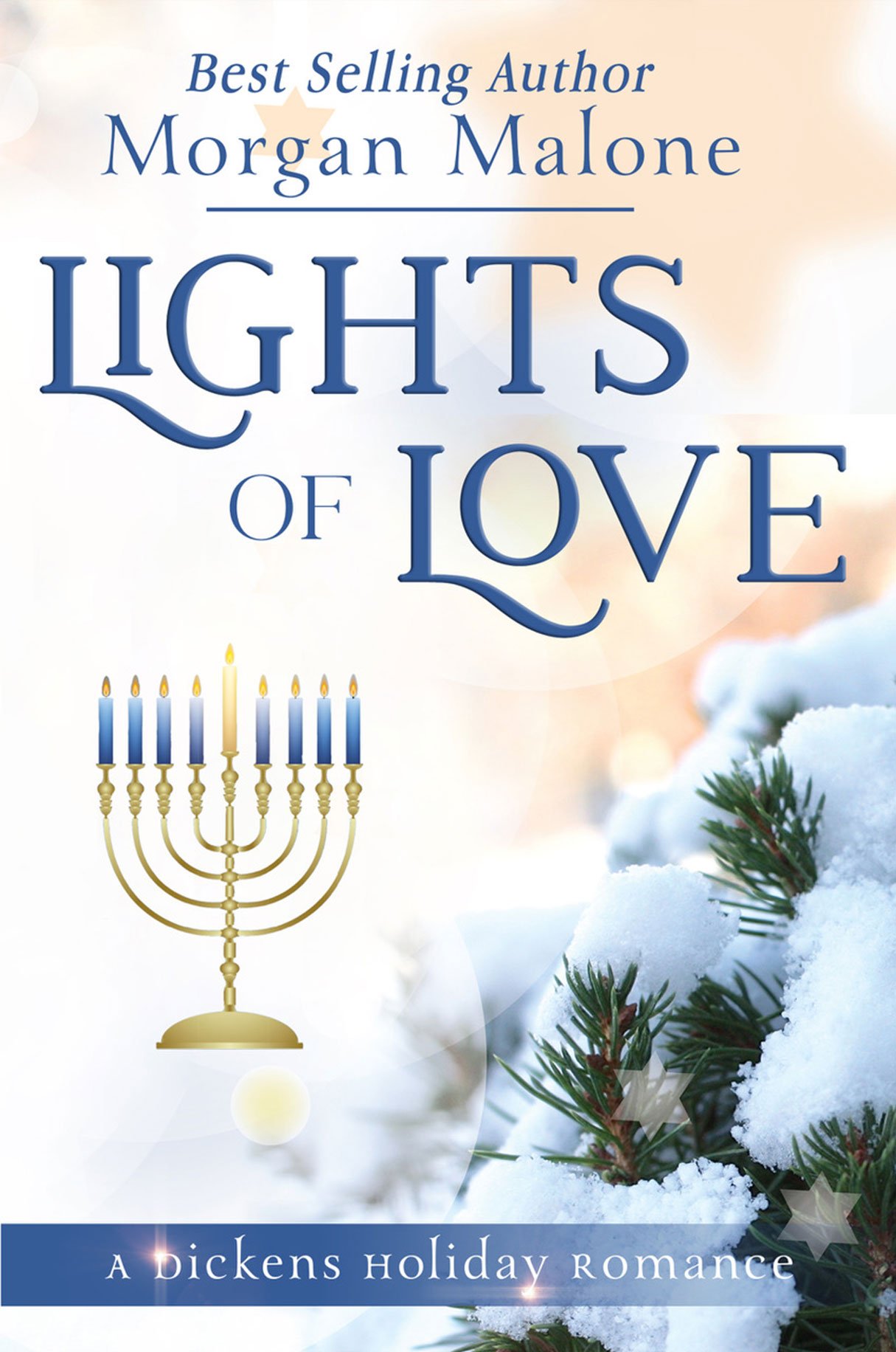 Book cover with Menorah for Lights of Love A Dickens Holiday Romance