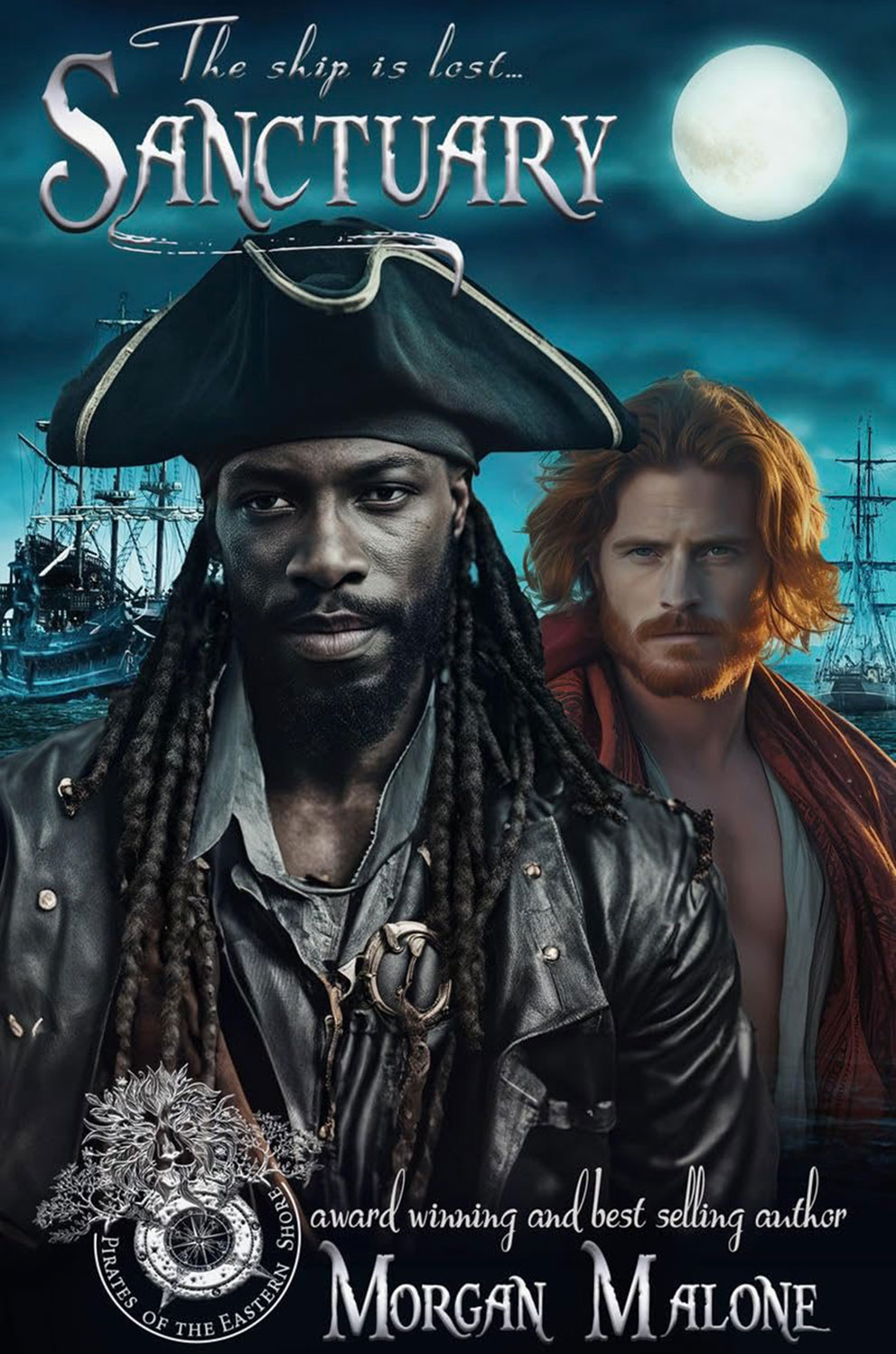 Cover of Sanctuary The Pirates of the Eastern Shore with two male pirates and sailing ships in the background.